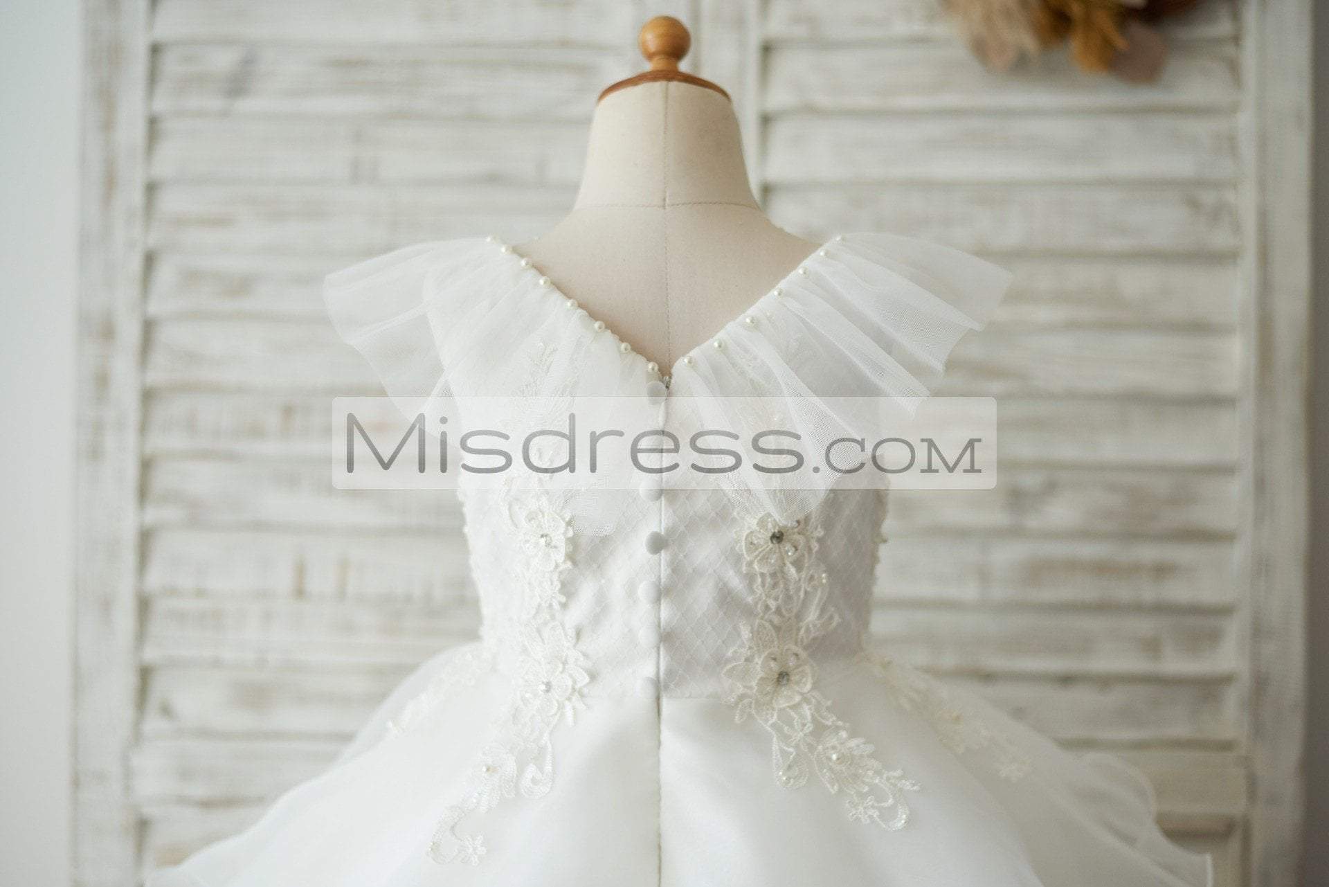 Cupcake V Neck Ivory Lace Organza Wedding Flower Girl Dress with Beading - Flower Girl Dresses