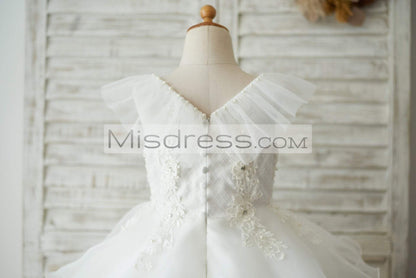 Cupcake V Neck Ivory Lace Organza Wedding Flower Girl Dress with Beading - Flower Girl Dresses