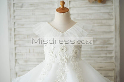 Cupcake V Neck Ivory Lace Organza Wedding Flower Girl Dress with Beading - Flower Girl Dresses