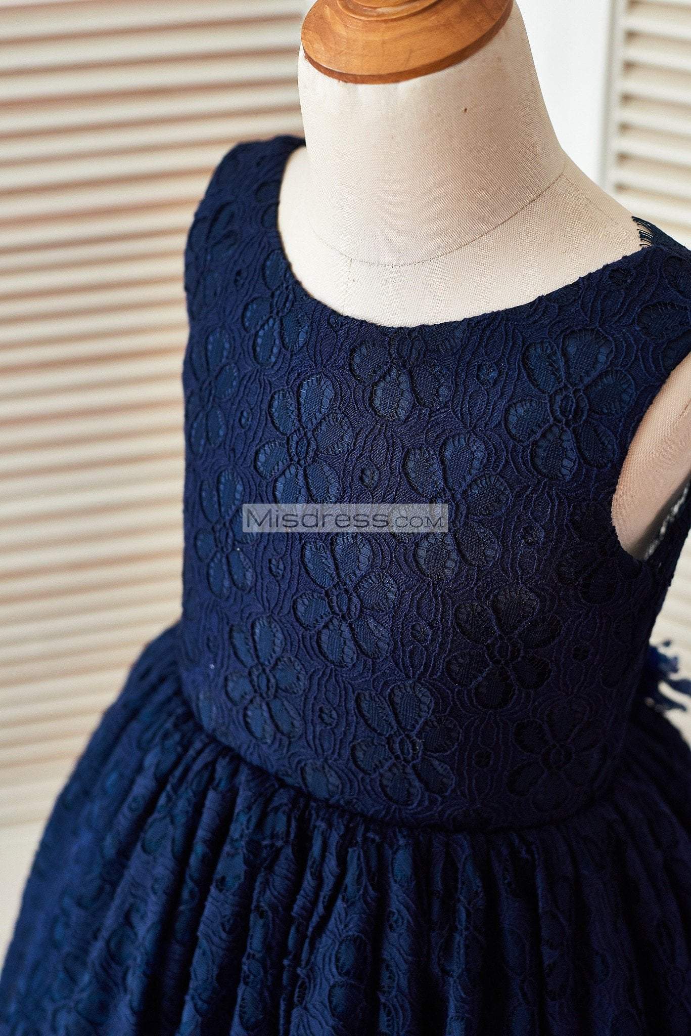 Deep V Back Navy Blue Lace Wedding Flower Girl Dress With Flower - Flower Girl Dresses