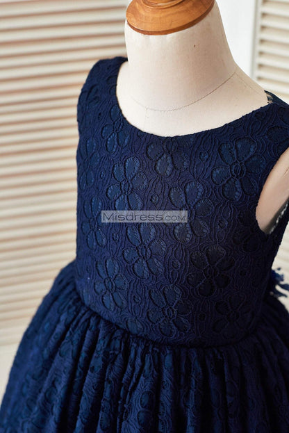 Deep V Back Navy Blue Lace Wedding Flower Girl Dress With Flower - Flower Girl Dresses