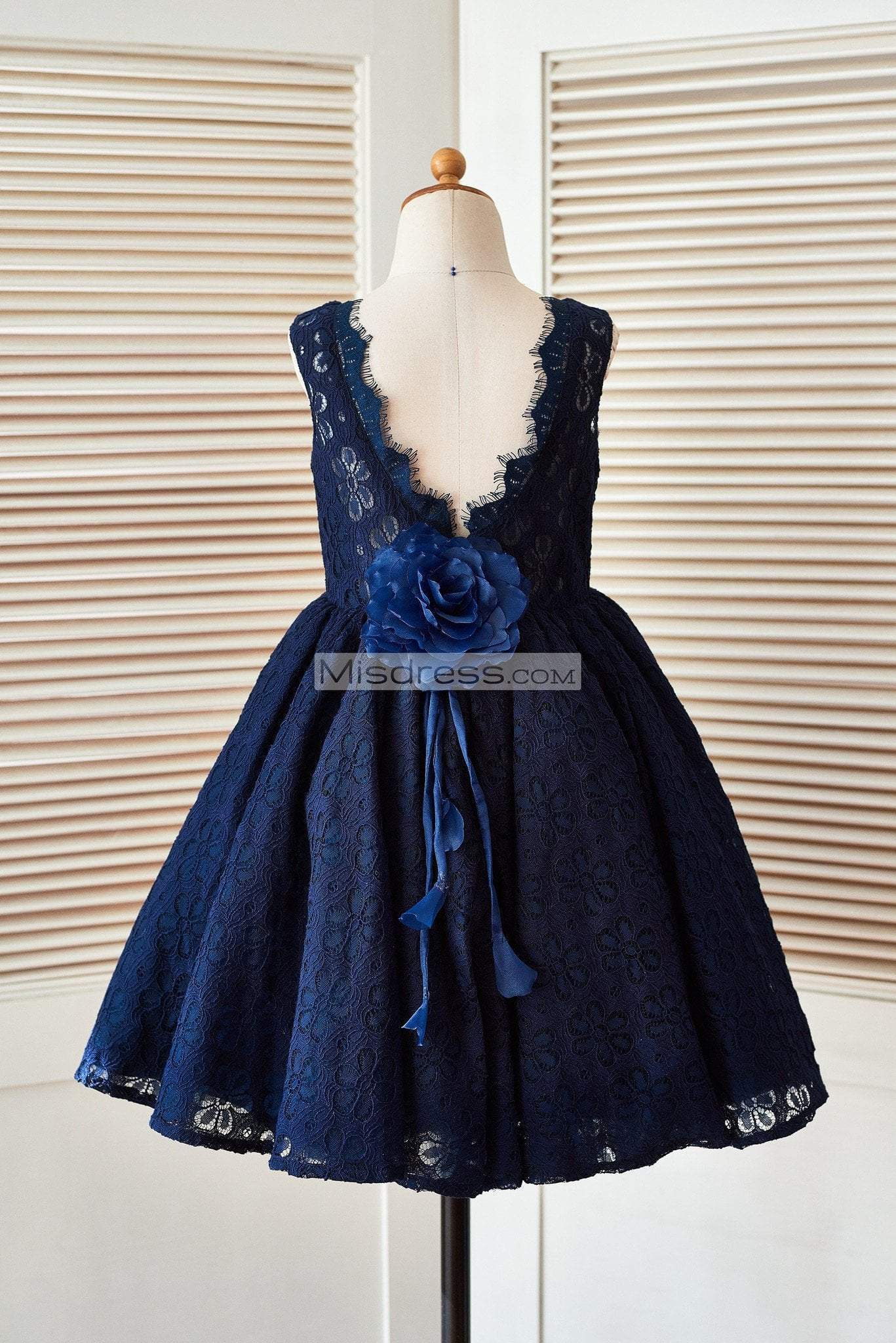 Deep V Back Navy Blue Lace Wedding Flower Girl Dress With Flower - Flower Girl Dresses
