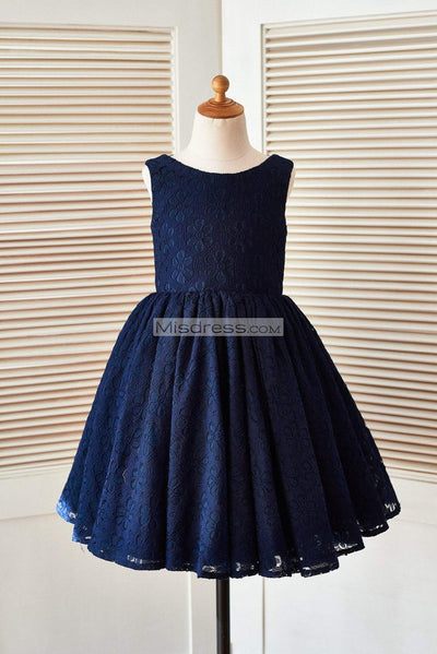 Deep V Back Navy Blue Lace Wedding Flower Girl Dress With Flower - Flower Girl Dresses