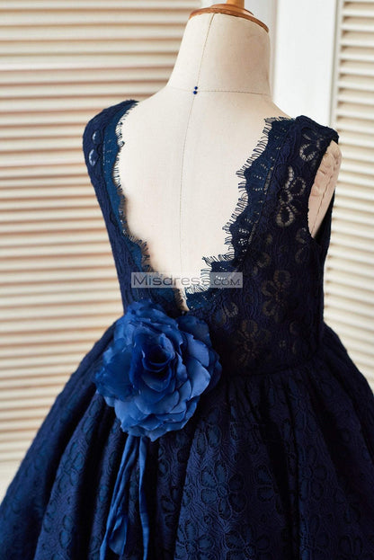 Deep V Back Navy Blue Lace Wedding Flower Girl Dress With Flower - Flower Girl Dresses
