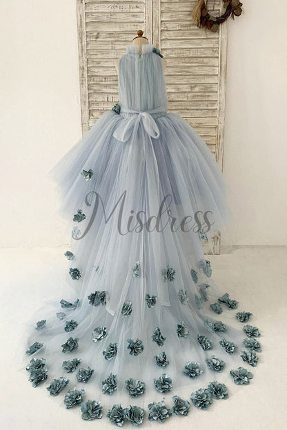 Dusty Blue Tulle Hi Low Wedding Flower Girl Dress Kids Party Dress with Long Train