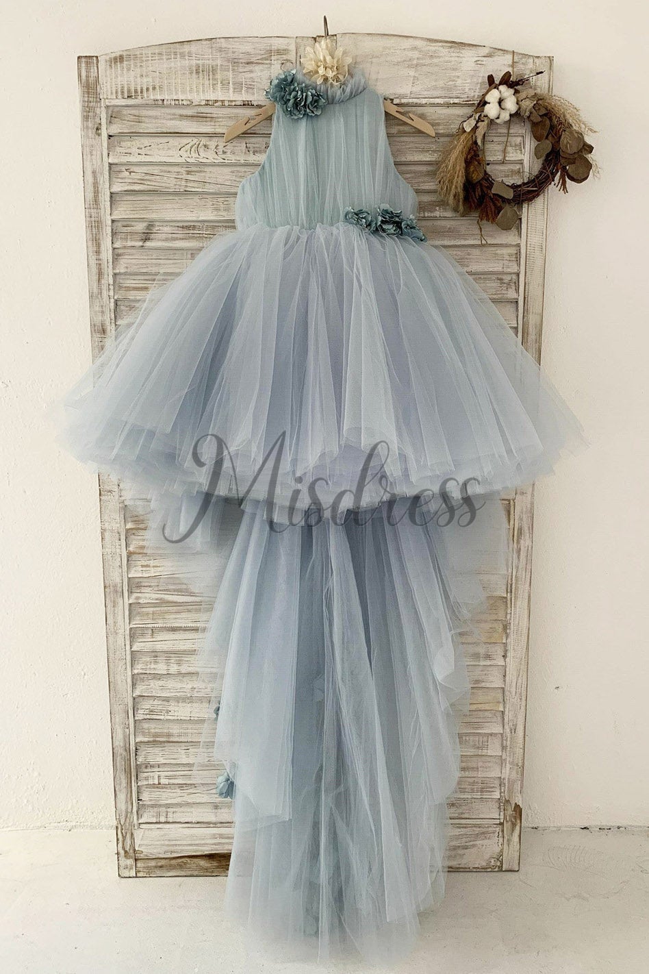 Dusty Blue Tulle Hi Low Wedding Flower Girl Dress Kids Party Dress with Long Train
