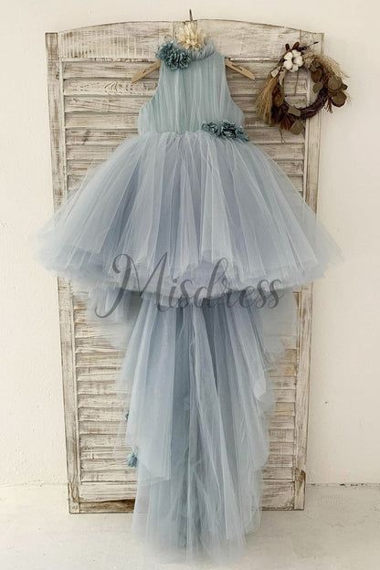 Dusty Blue Tulle Hi Low Wedding Flower Girl Dress Kids Party Dress with Long Train