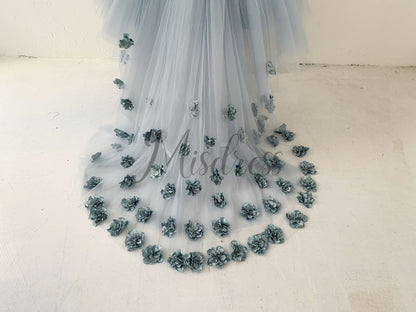 Dusty Blue Tulle Hi Low Wedding Flower Girl Dress Kids Party Dress with Long Train