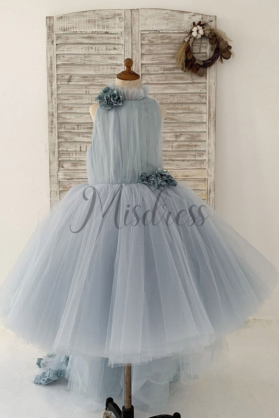 Dusty Blue Tulle Hi Low Wedding Flower Girl Dress Kids Party Dress with Long Train
