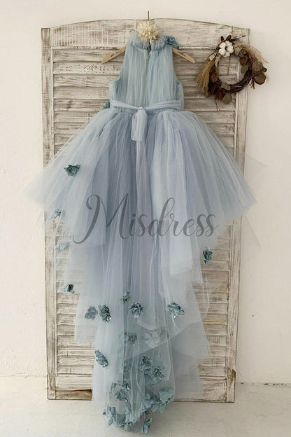 Dusty Blue Tulle Hi Low Wedding Flower Girl Dress Kids Party Dress with Long Train