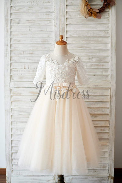 Princess Short Elbow Sleeves Ivory Lace Champagne Tulle Wedding Flower Girl Dress - Flower Girl Dresses