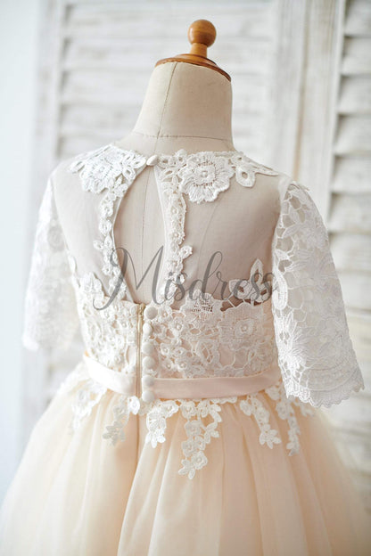 Princess Short Elbow Sleeves Ivory Lace Champagne Tulle Wedding Flower Girl Dress - Flower Girl Dresses