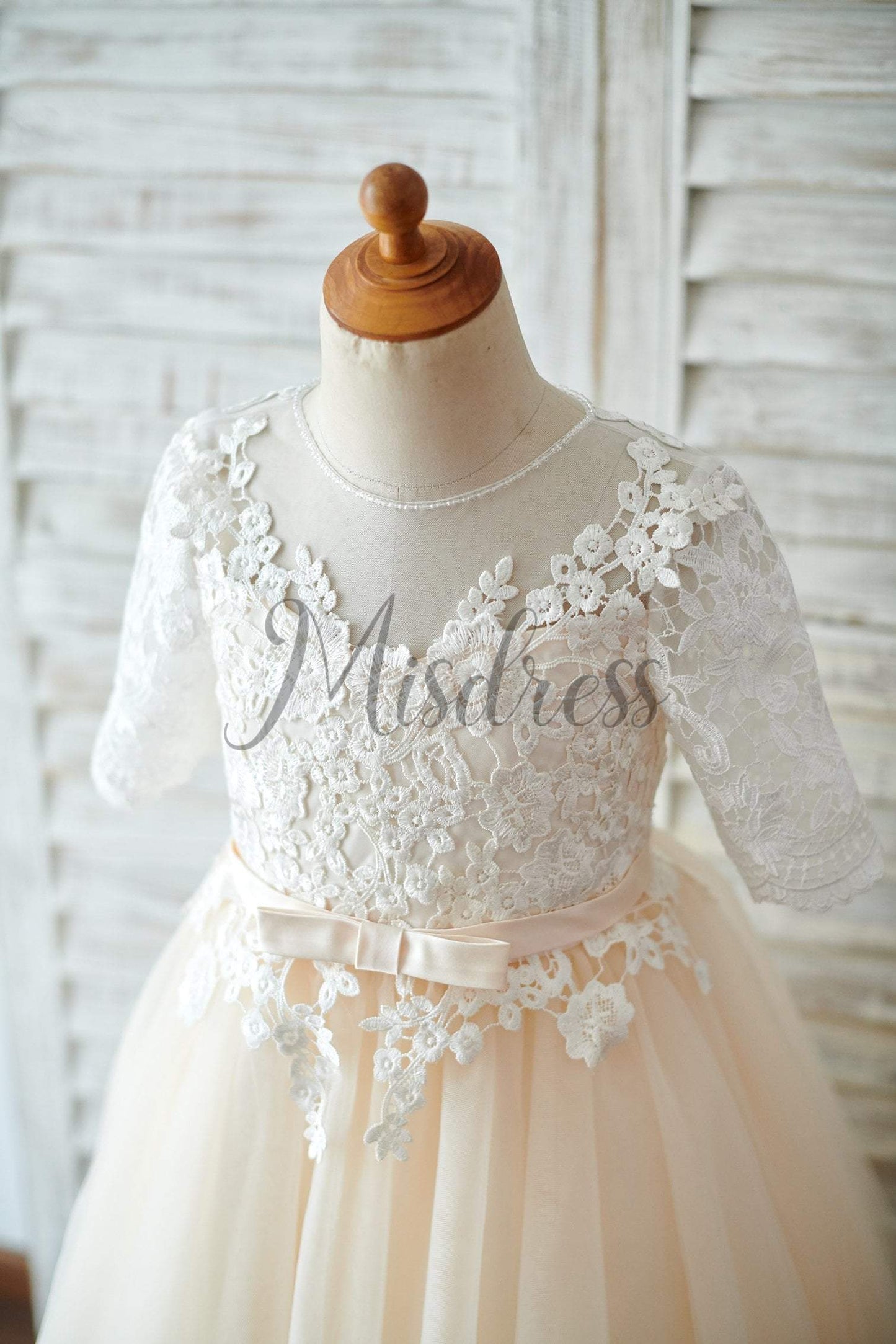 Princess Short Elbow Sleeves Ivory Lace Champagne Tulle Wedding Flower Girl Dress - Flower Girl Dresses