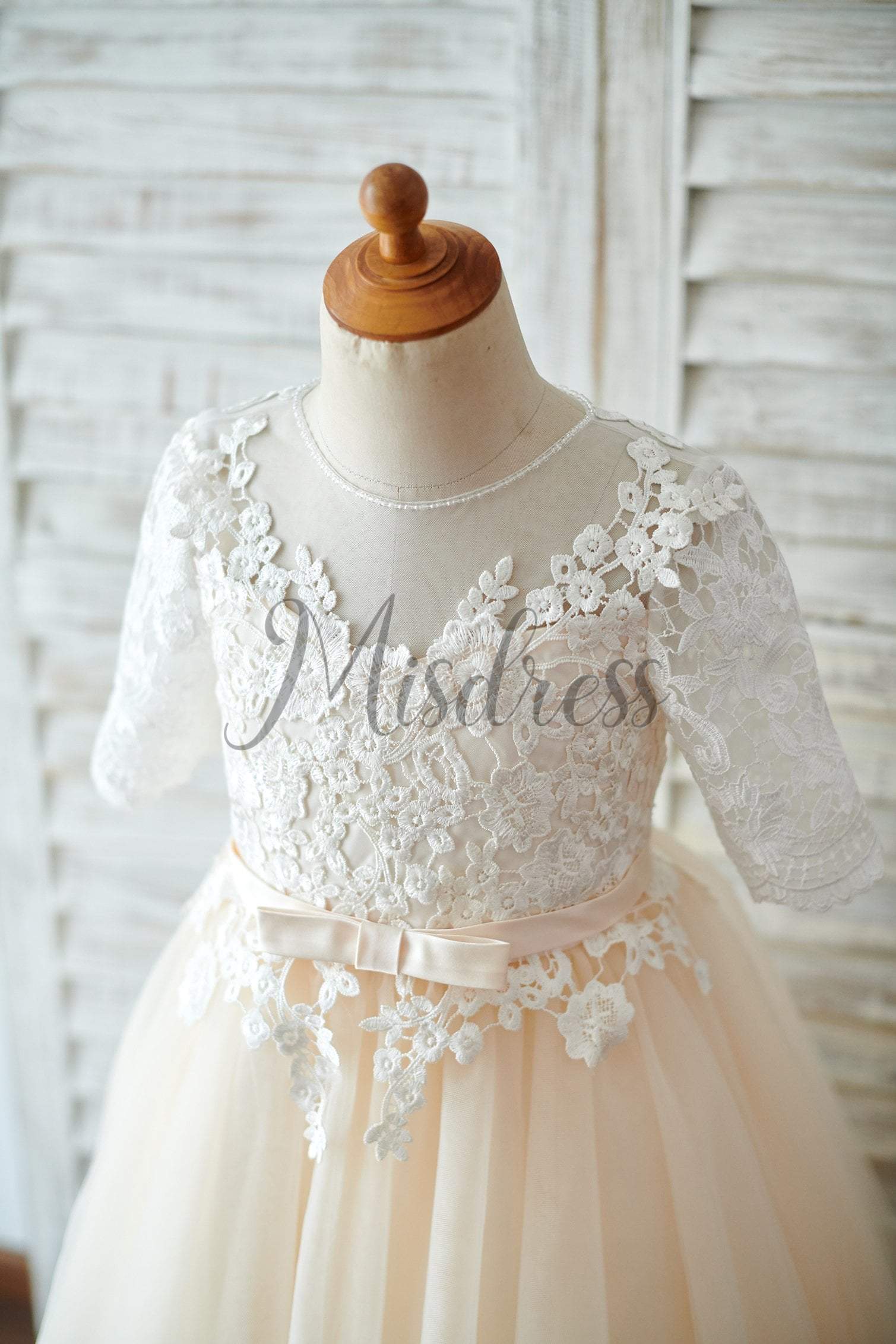 Princess Short Elbow Sleeves Ivory Lace Champagne Tulle Wedding Flower Girl Dress - Flower Girl Dresses