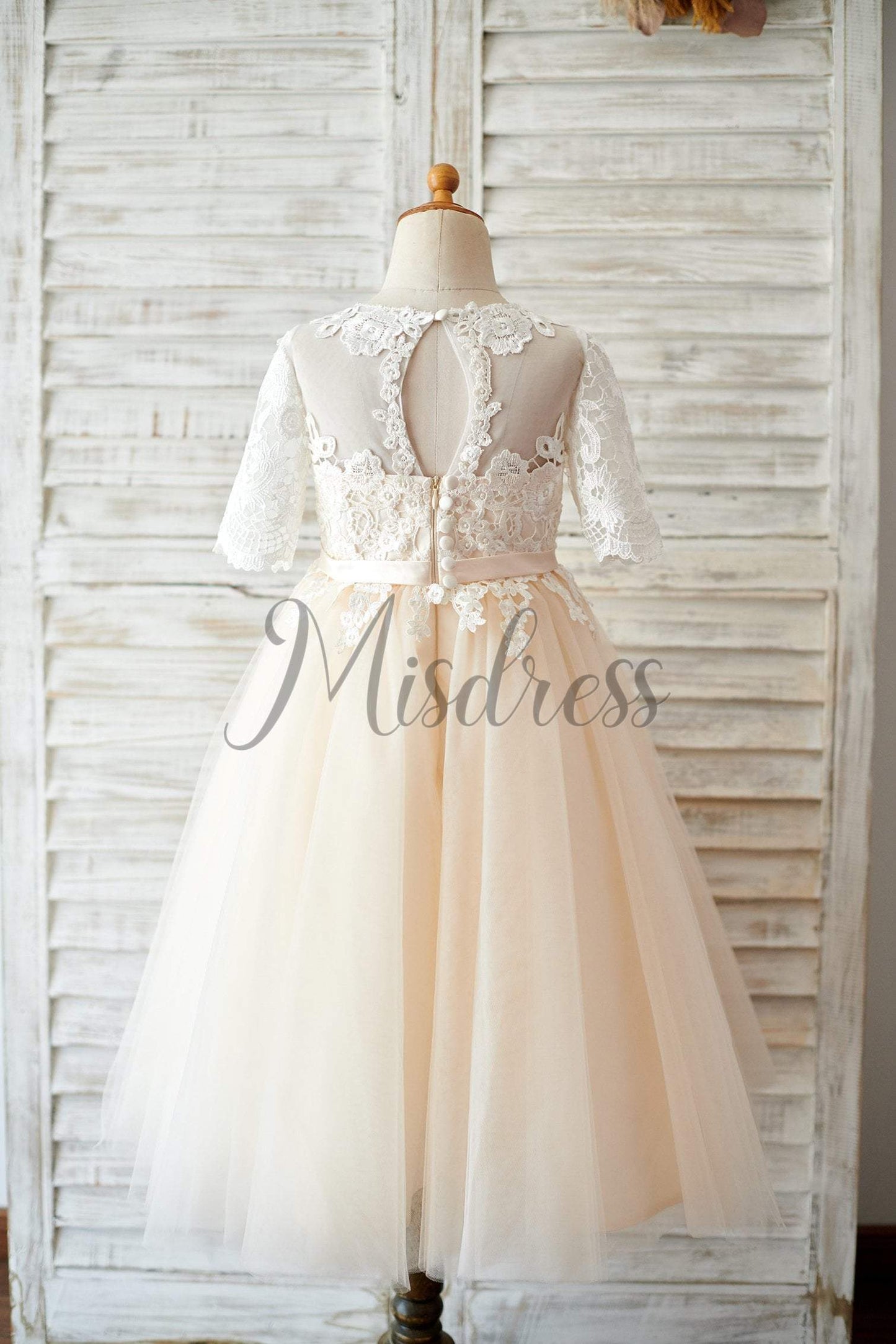 Princess Short Elbow Sleeves Ivory Lace Champagne Tulle Wedding Flower Girl Dress - Flower Girl Dresses