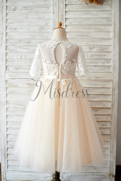Princess Short Elbow Sleeves Ivory Lace Champagne Tulle Wedding Flower Girl Dress - Flower Girl Dresses