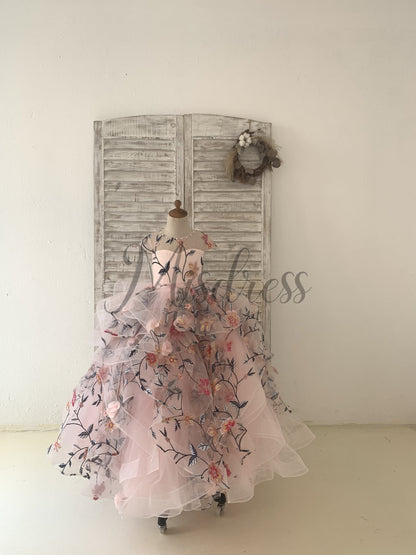 Embroidery Lace Tulle Cap Sleeves Keyhole Back Wedding Flower Girl Dress Kids Party Dress