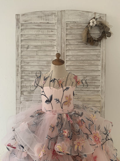 Embroidery Lace Tulle Cap Sleeves Keyhole Back Wedding Flower Girl Dress Kids Party Dress