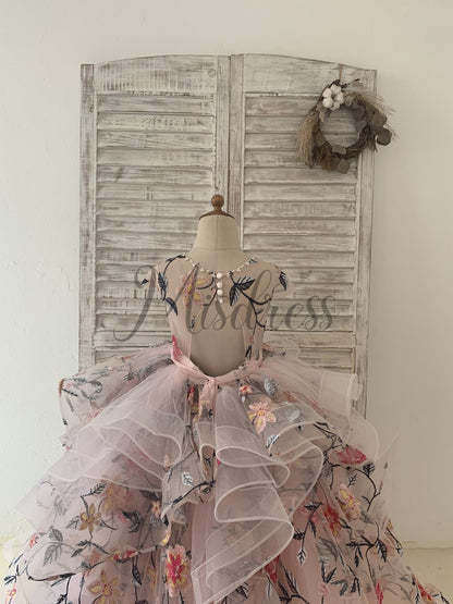 Embroidery Lace Tulle Cap Sleeves Keyhole Back Wedding Flower Girl Dress Kids Party Dress