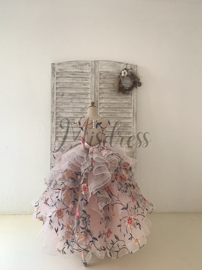 Embroidery Lace Tulle Cap Sleeves Keyhole Back Wedding Flower Girl Dress Kids Party Dress