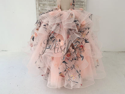 Ball Gown Embroidery Lace Tulle Cap Sleeves Keyhole Back Wedding Flower Girl Dress Kids Party Dress