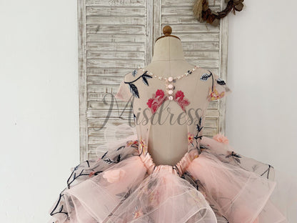 Ball Gown Embroidery Lace Tulle Cap Sleeves Keyhole Back Wedding Flower Girl Dress Kids Party Dress