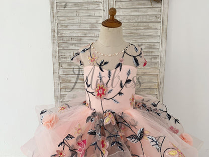 Ball Gown Embroidery Lace Tulle Cap Sleeves Keyhole Back Wedding Flower Girl Dress Kids Party Dress