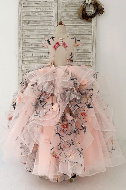 Ball Gown Embroidery Lace Tulle Cap Sleeves Keyhole Back Wedding Flower Girl Dress Kids Party Dress