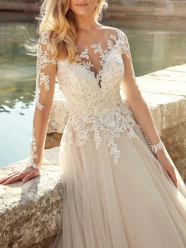 A-Line Illusion Scoop Neck Long Sleeve Lace Champagne Tulle Wedding Dr | Misdress A-Line Illusion Scoop Neck Long Sleeve Lace Champagne Tulle Wedding Dr | Misdress