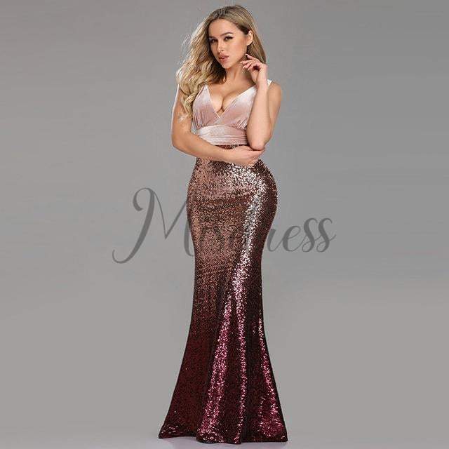 Sexy V Neck Velvet Ombre Sequin Evening Dress Prom Party Dress - 2 / Blush - Prom Dresses