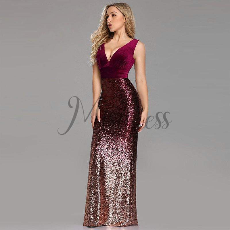 Sexy V Neck Velvet Ombre Sequin Evening Dress Prom Party Dress - 2 / Burgundy - Prom Dresses