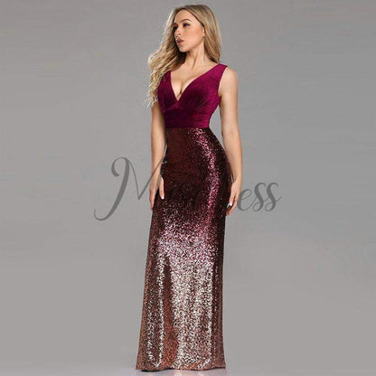 Sexy V Neck Velvet Ombre Sequin Evening Dress Prom Party Dress - 2 / Burgundy - Prom Dresses