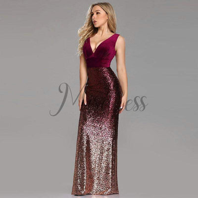 Sexy V Neck Velvet Ombre Sequin Evening Dress Prom Party Dress - 2 / Burgundy - Prom Dresses