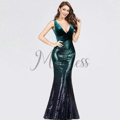 Sexy V Neck Velvet Ombre Sequin Evening Dress Prom Party Dress - 2 / Dark Green - Prom Dresses