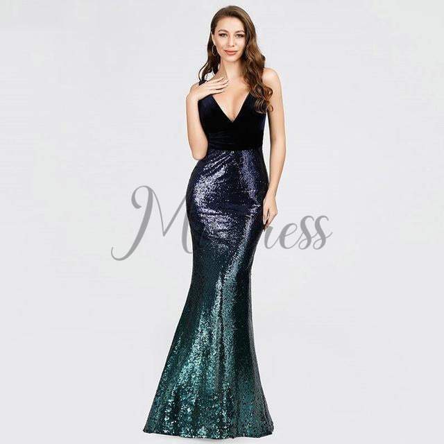 Sexy V Neck Velvet Ombre Sequin Evening Dress Prom Party Dress - 2 / Navy Blue - Prom Dresses