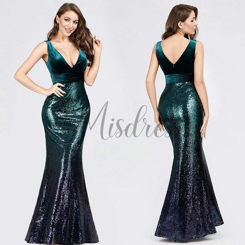 Sexy V Neck Velvet Ombre Sequin Evening Dress Prom Party Dress - Prom Dresses