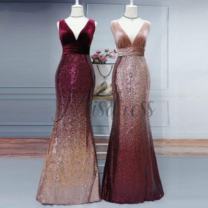 Sexy V Neck Velvet Ombre Sequin Evening Dress Prom Party Dress - Prom Dresses