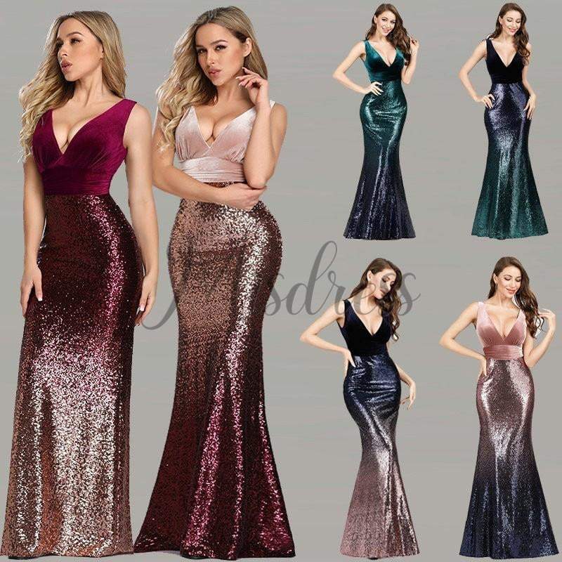 Sexy V Neck Velvet Ombre Sequin Evening Dress Prom Party Dress - Prom Dresses