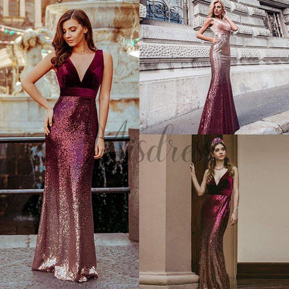 Sexy V Neck Velvet Ombre Sequin Evening Dress Prom Party Dress - Prom Dresses