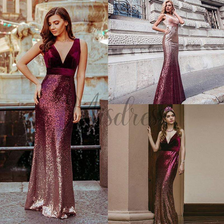 Flare Sexy V Neck Velvet Ombre Sequin Floor Length Evening Prom Party | Misdress Flare Sexy V Neck Velvet Ombre Sequin Floor Length Evening Prom Party | Misdress