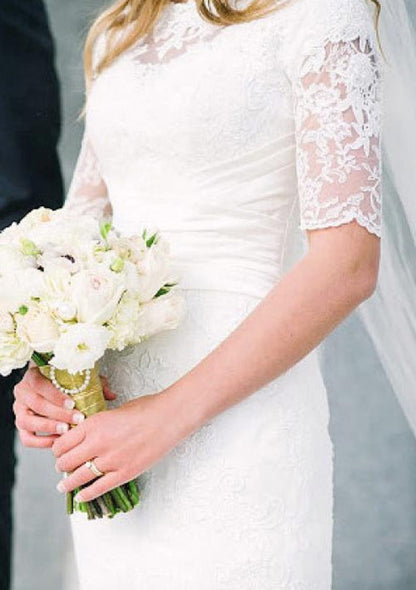 Floor-Length Bateau Half Sleeve Lace Mermaid Wedding Dress -