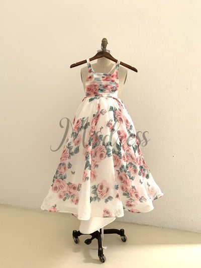 A-line Floral Print Chiffon Straps Corset Back Wedding Flower Girl Dress Kids Party Dress