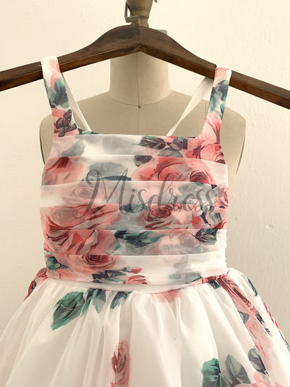 A-line Floral Print Chiffon Straps Corset Back Wedding Flower Girl Dress Kids Party Dress