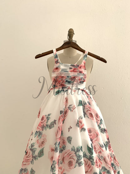 A-line Floral Print Chiffon Straps Corset Back Wedding Flower Girl Dress Kids Party Dress