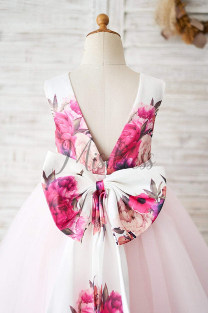 Floral Print Satin Pink Tulle V Back Wedding Flower Girl Dress - Flower Girl Dresses