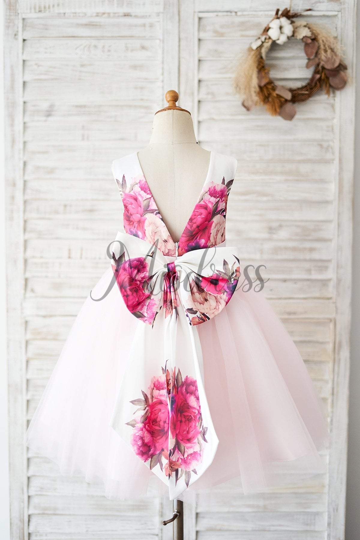 Floral Print Satin Pink Tulle V Back Wedding Flower Girl Dress - Flower Girl Dresses