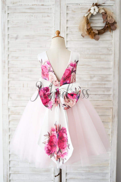 Floral Print Satin Pink Tulle V Back Wedding Flower Girl Dress - Flower Girl Dresses
