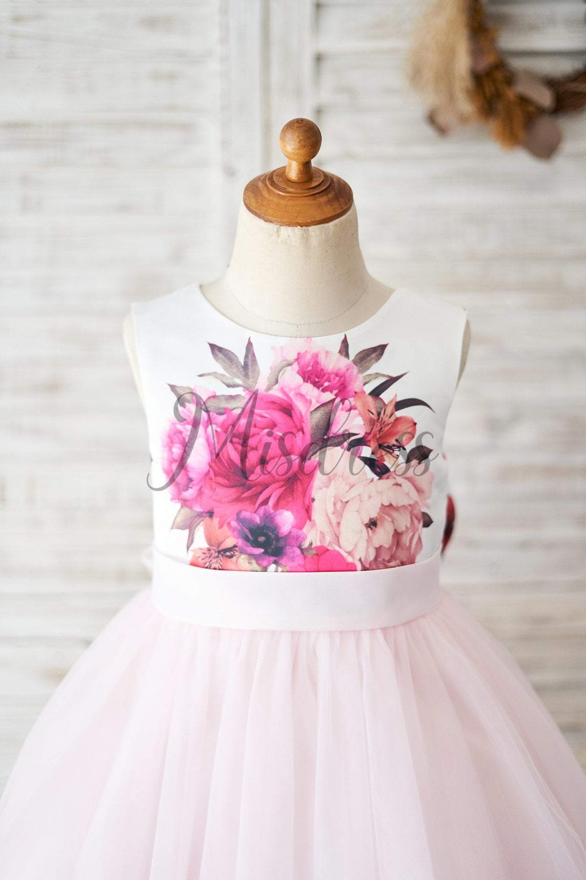 Floral Print Satin Pink Tulle V Back Wedding Flower Girl Dress - Flower Girl Dresses