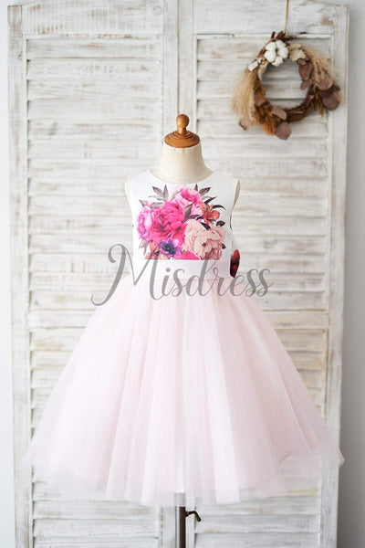 Floral Print Satin Pink Tulle V Back Wedding Flower Girl Dress - Flower Girl Dresses