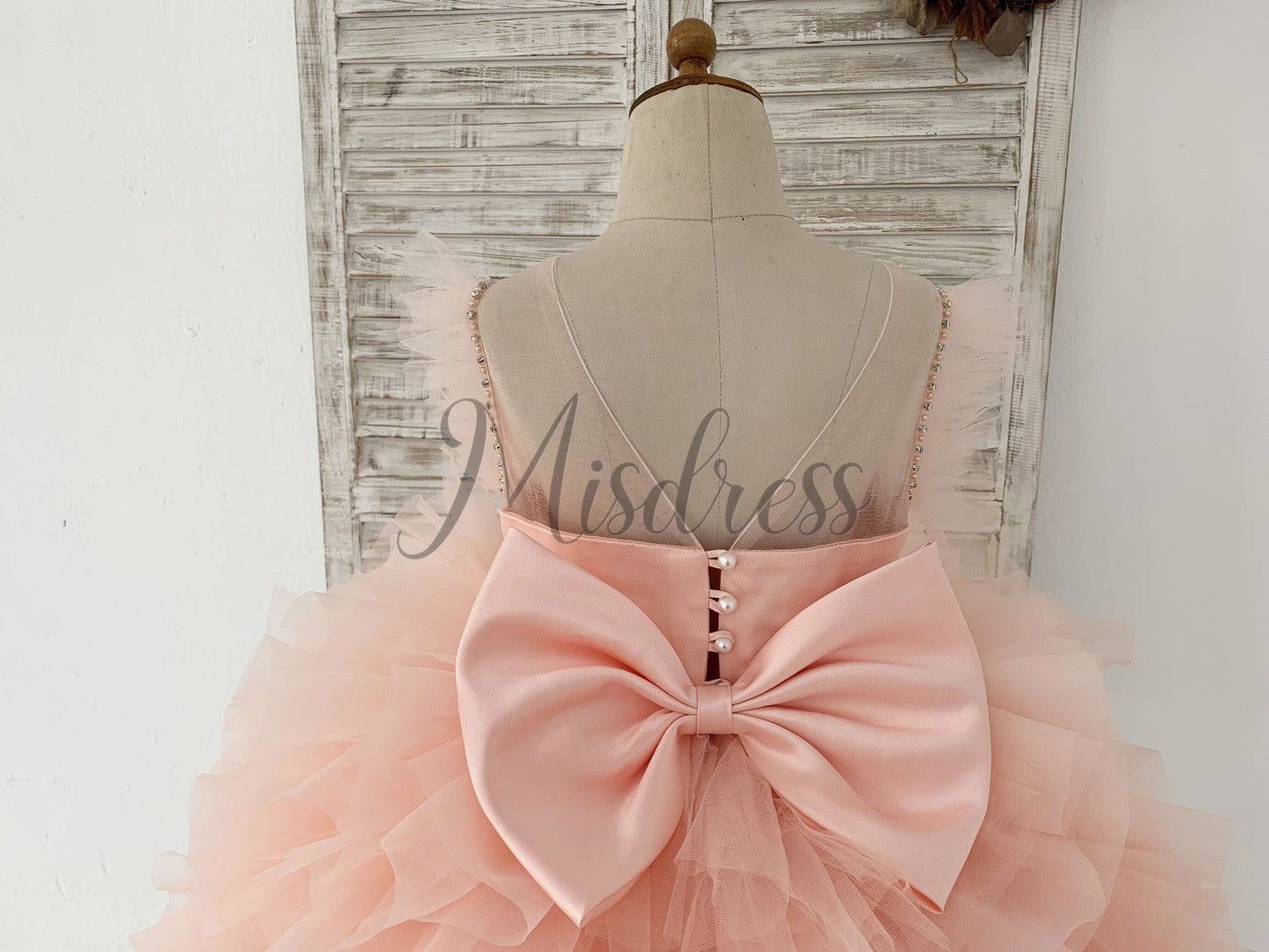 Fluffy Sleeves Beaded Pink Tulle Organza Wedding Flower Girl Dress Kids Party Dress